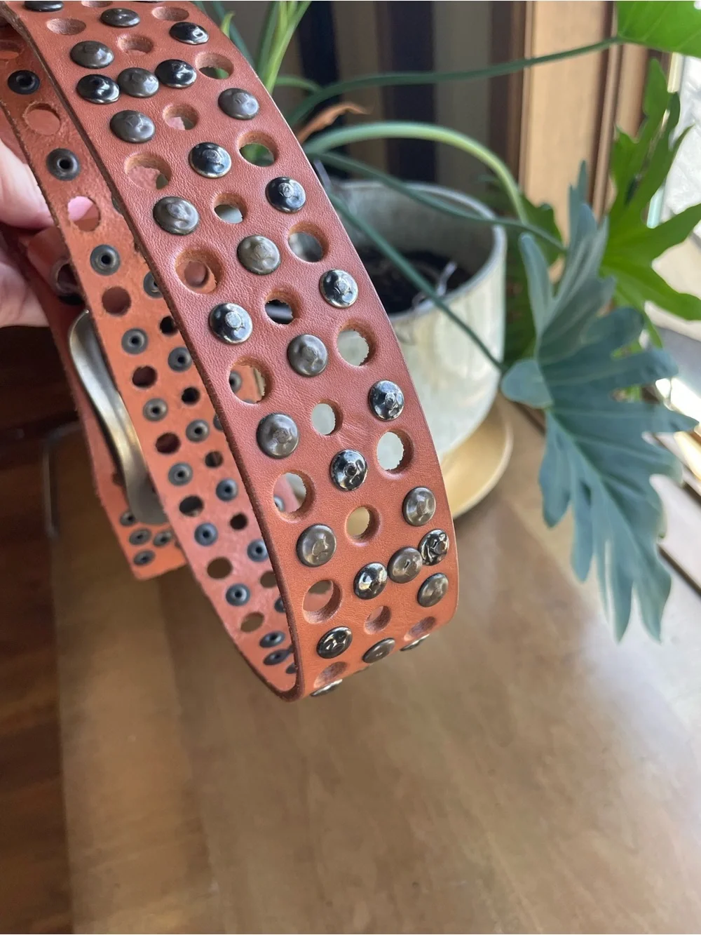Will Leather Goods Tan Studded Leather Belt with Brushed Metal Buckle